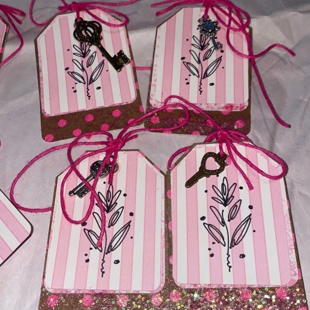 9 pcs Victorian Pink Sparkly Tags Keys Handmade Layered Gift Tags Bookmark
